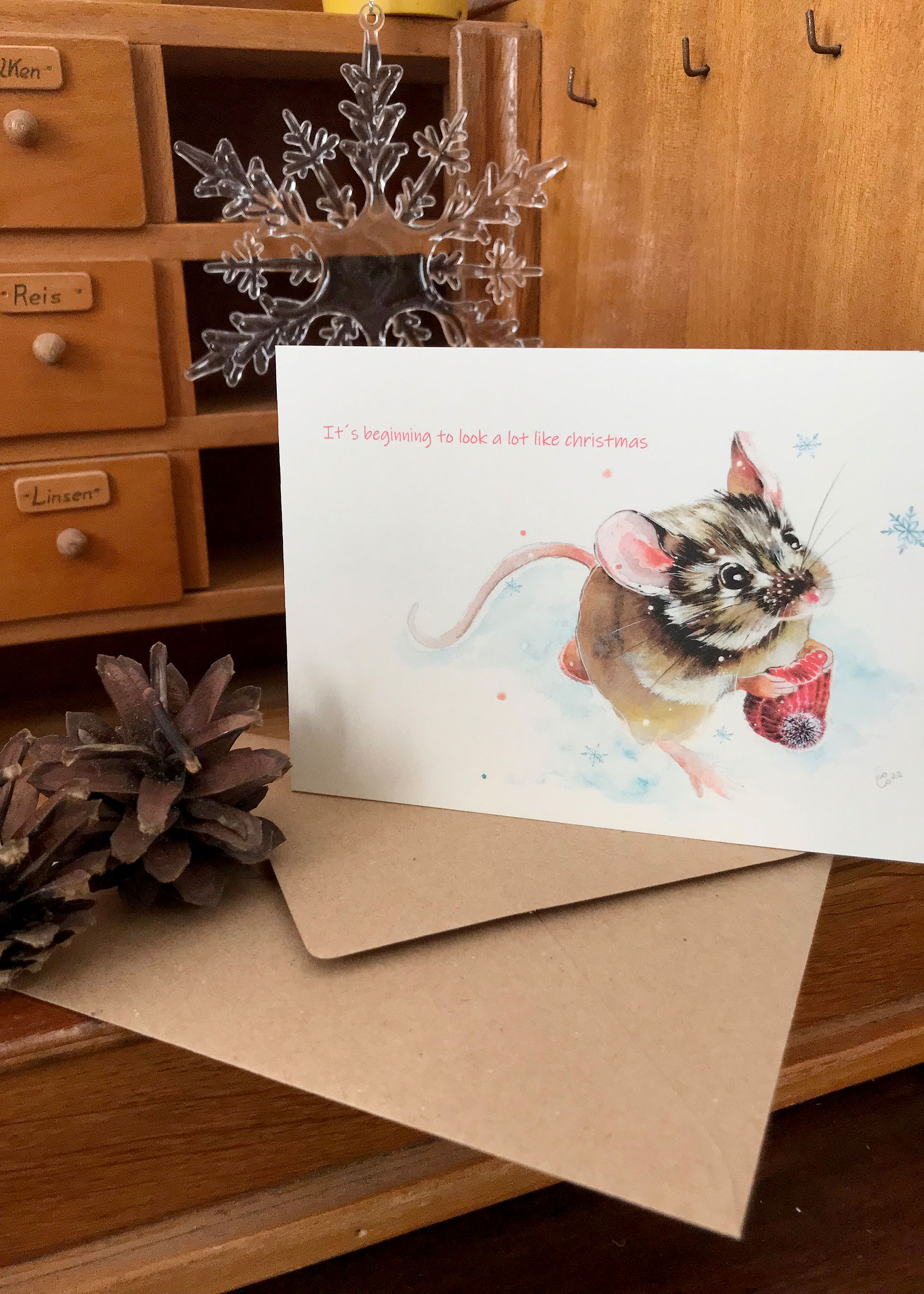 Klappkarte Wintermaus Weiß